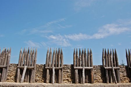Wooden frotifications on the battlements of Chateau de Beynac, Franceの写真素材
