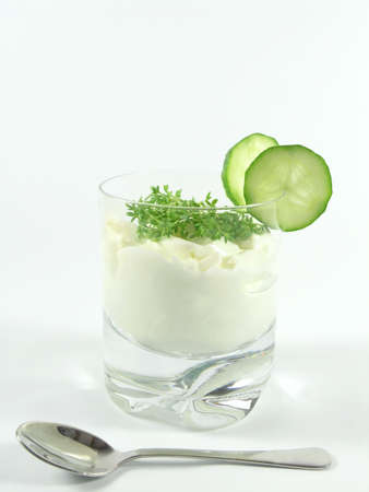 greek jogurt  with cucumber and watercressの写真素材