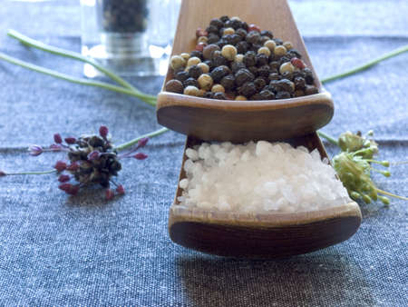 salt and pepper on old woods spoon (dark background)の写真素材