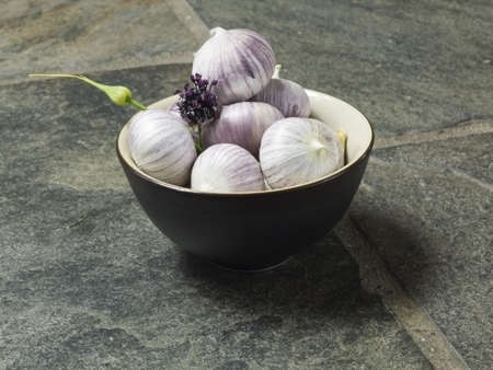 bowl full of fresh garlic on dark backgroundの写真素材