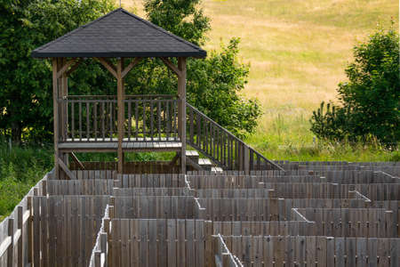 Observation tower in a wooden labyrinth in Kashubiaの写真素材