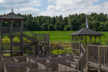 Towers in a wooden labyrinth in Kashubiaの写真素材