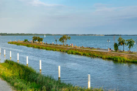 View of the GiÅ¼ycko promenade from the waterfrontの写真素材