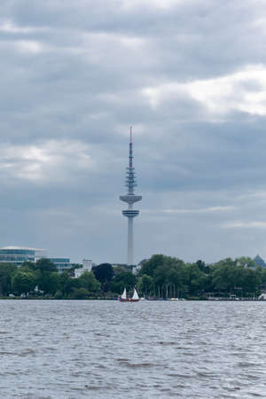 Heinrich Hertz Tower. Tallest building in Hamburg. Built near the city park.の写真素材