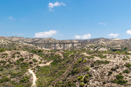 Cyprus landscapes. The hills above the rock of Aphrodite. Mountains and forests. Bridge crossing the mountains.の写真素材