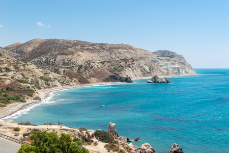 Mediterranean landscape. Sea and mountains. Rocks emerging from the sea. Cyprus, near Kuklia.の写真素材