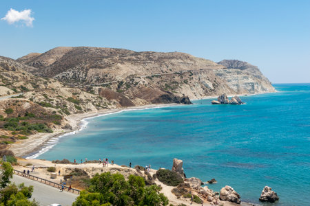 Mediterranean landscape. Sea and mountains. Rocks emerging from the sea. Cyprus, near Kuklia.の写真素材