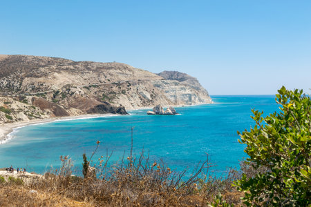Mediterranean landscape. Sea and mountains. Rocks emerging from the sea. Cyprus, near Kuklia.の写真素材