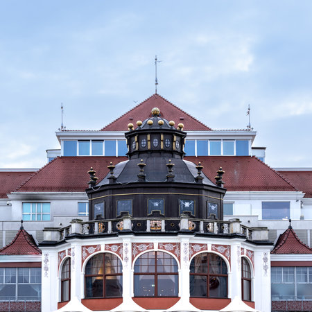 Beautiful old building with a tower. Old architecture details.の写真素材