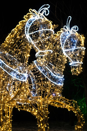 Horse with Christmas lights in the park, close up of photo. Colorful lights, Christmas and New Year decorations.の写真素材