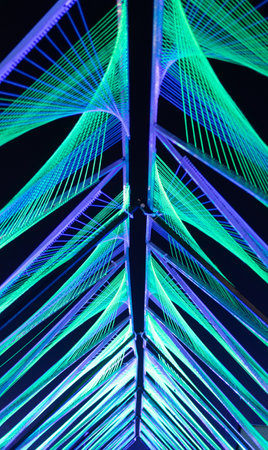 Abstract background of blue and green stripes in the sky. Colorful lights, Christmas and New Year decorations.の写真素材