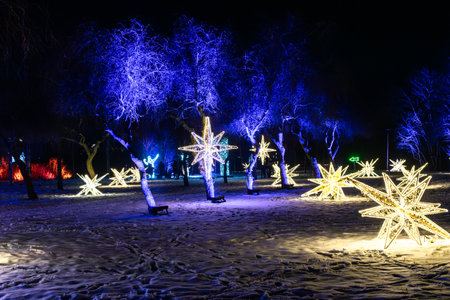Stars made of light illuminations. Colored lights and trees. Christmas and New Year decorations.の写真素材