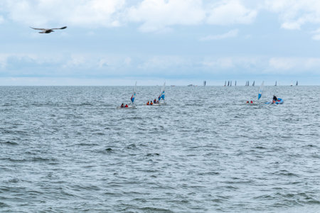 Sailboats on the Baltic Sea on a stormy day. Sailboats at sea. View of the Baltic Sea. Gdynia, Polandの写真素材