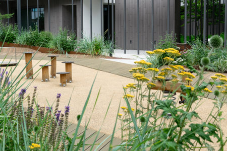 Outdoor garden with plants, grass, benches and wooden table.の写真素材