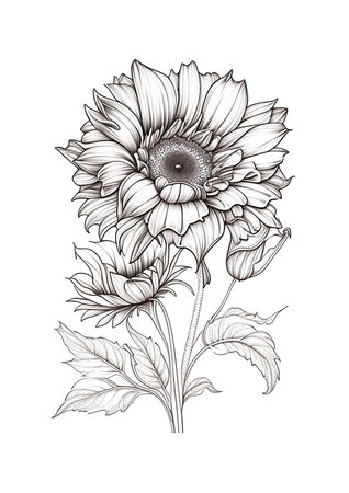 Hand drawn sunflower isolated on white background. Vector illustration for coloring book.の素材