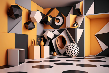 3d render, abstract geometric composition, modern geometrical forms, black and orange colorsの素材