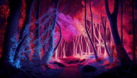 Mystical forest in winter with fog. 3D illustration.の素材