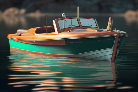 Fishing boat on the lake. 3D illustration. Retro style.の素材