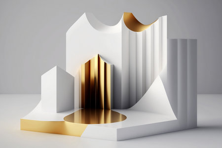3d render of abstract geometric forms. Glossy white and golden podium for product presentation.の素材