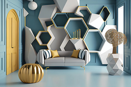 Interior of modern living room with blue walls, blue sofa, golden armchair and gold accessories. 3d renderingの素材