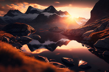 Mountain landscape with lake at sunset. 3d render illustration.の素材