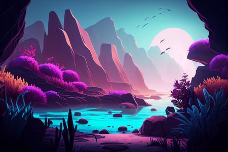 Fantasy landscape with mountains, ocean, rocks and plants. Vector illustration.の素材