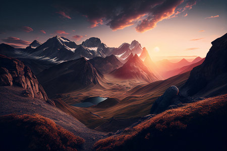 Beautiful mountain landscape at sunset. Computer generated 3D photo renderingの素材