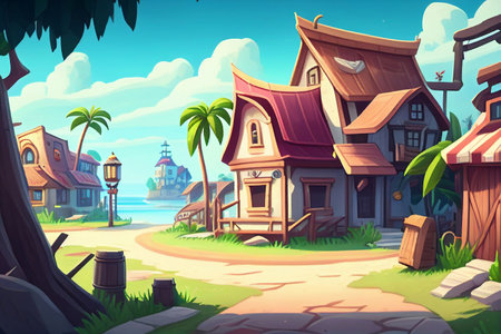 Cartoon scene with old wooden houses on the beach illustration for childrenの素材