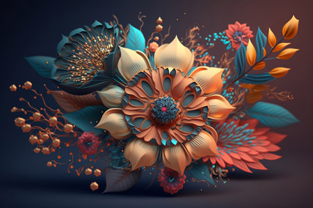3d illustration, abstract floral composition, blue and orange flowers on a dark backgroundの素材