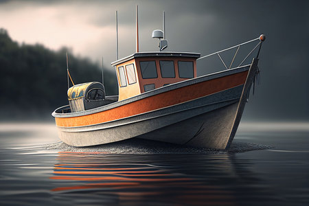 Fishing boat on the water. 3D render. Vintage style.の素材