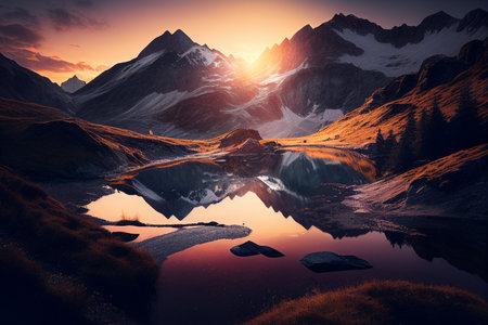 Mountain landscape at sunset. Alps, Switzerland. 3d renderの素材