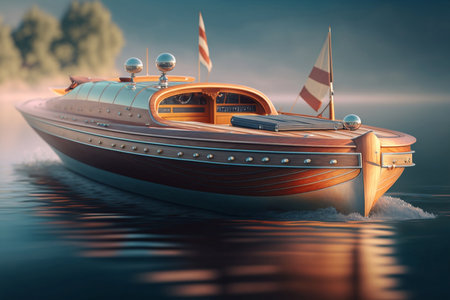 luxury yacht on the water. 3D illustration. Vintage style.の素材