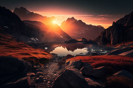 Fantastic sunset in the mountains. Dramatic scene. Beauty world.の素材