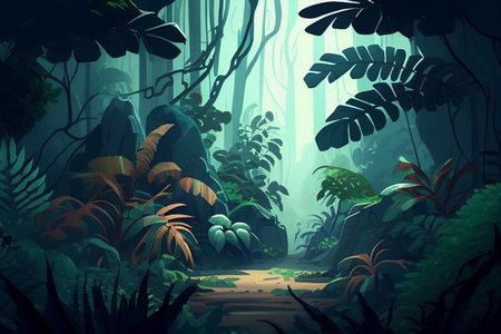 Fantasy forest scene with path and ferns. Vector illustrationの素材