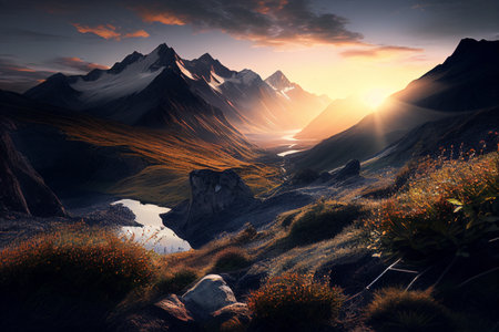 Fantasy landscape with mountains and lake at sunset. 3d renderの素材