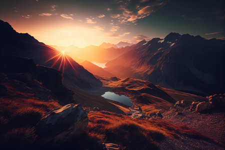 Mountain landscape at sunset. Panoramic view of the mountainsの素材