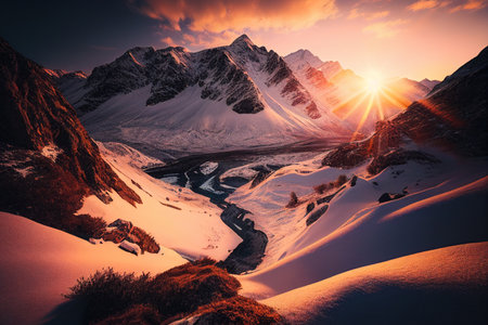 Beautiful winter landscape with snow covered mountains and river at sunset.の素材