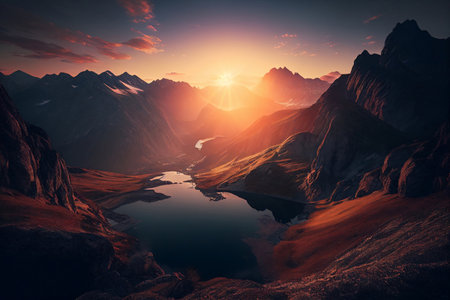 Fantastic sunset over mountain lake. Dramatic scene. 3d renderの素材