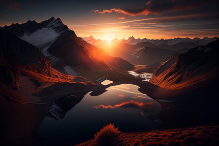 Beautiful sunset over mountain lake. Landscape with mountains and lake.の素材