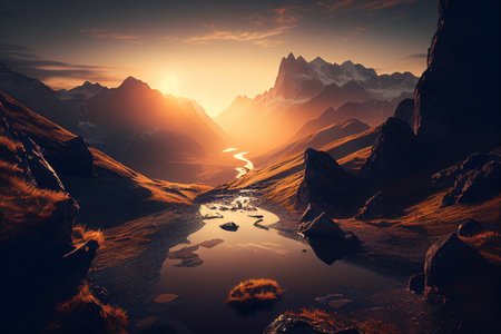 Fantasy landscape. Mountain lake at sunset. 3D illustration.の素材