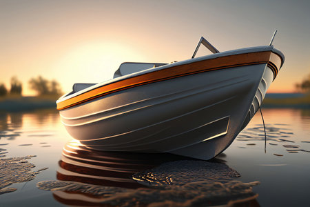3d render of a boat on the water at sunset time.の素材