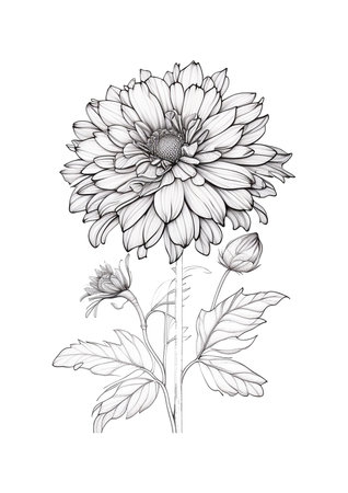 Beautiful chrysanthemum flower. Black and white illustration.の素材