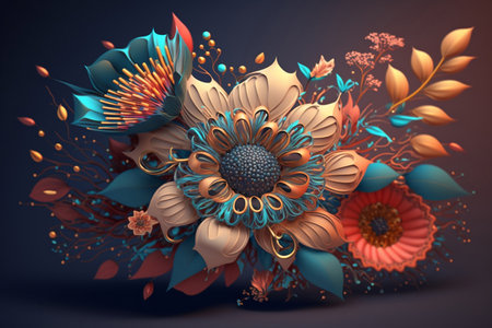 3d illustration of abstract floral composition with flowers and leaves in blue colorsの素材