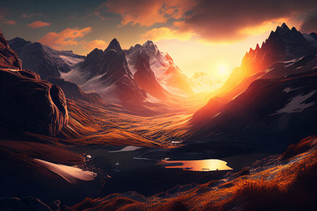 Fantasy alien planet. Mountain and lake. 3D illustration.の素材
