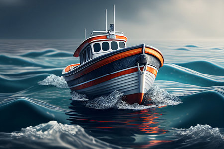 Fishing boat in the sea. 3D illustration. 3D rendering.の素材