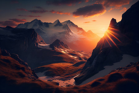 Mountain landscape at sunset. Sunrise over the mountains. 3d renderの素材