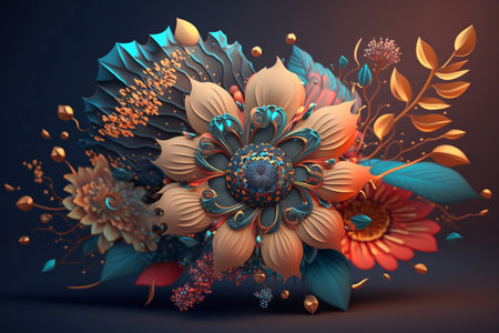 3d illustration of abstract floral composition with blue and orange flowers.の素材