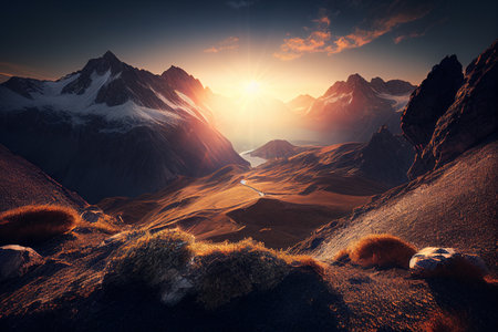 Fantastic mountain landscape at sunset. Dramatic scene. 3d renderの素材