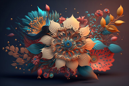 3d illustration of abstract floral composition with flowers and leaves in blue and orange colorsの素材