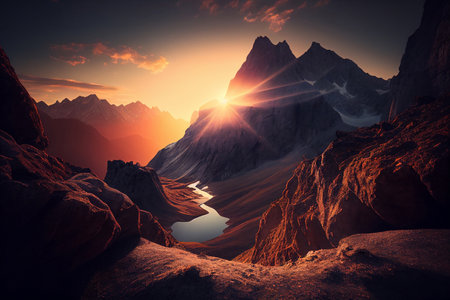 Fantasy alien planet. Mountain and lake. 3D illustration.の素材